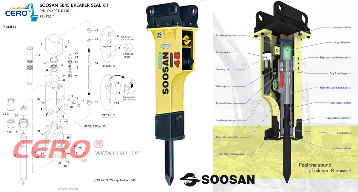 SOOSAN SB45 Hydraulic Breaker Seal Kit D4X001 D41011 SB45TS-P SB45TSP