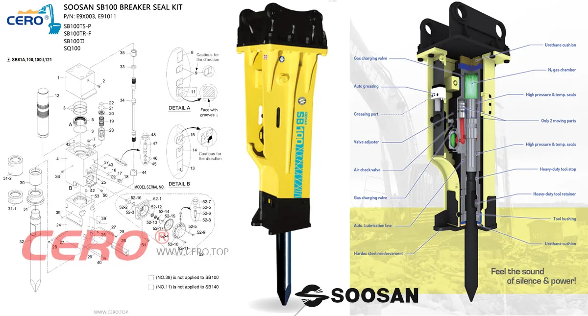 SOOSAN SB100 Hydraulic Breaker Seal Kit E9X003 E91011 SB100TSP SQ100 SB100TRF