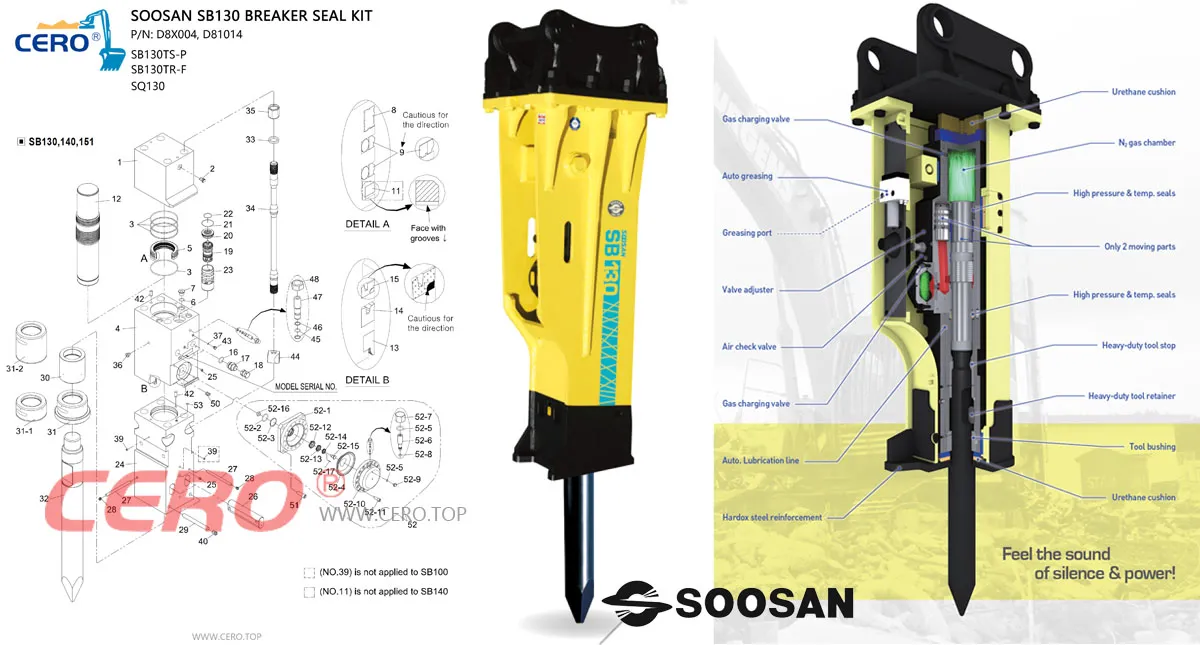 SOOSAN SB130 Hydraulic Breaker Seal Kit D8X004 D81014 SB130TSP SQ130 SB130TRF