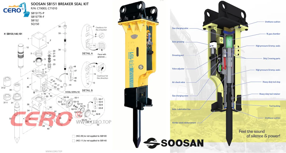 SOOSAN SB151 Hydraulic Breaker Seal Kit C7X003 C71010 SB151TSP SQ150 SB157TRF SB152