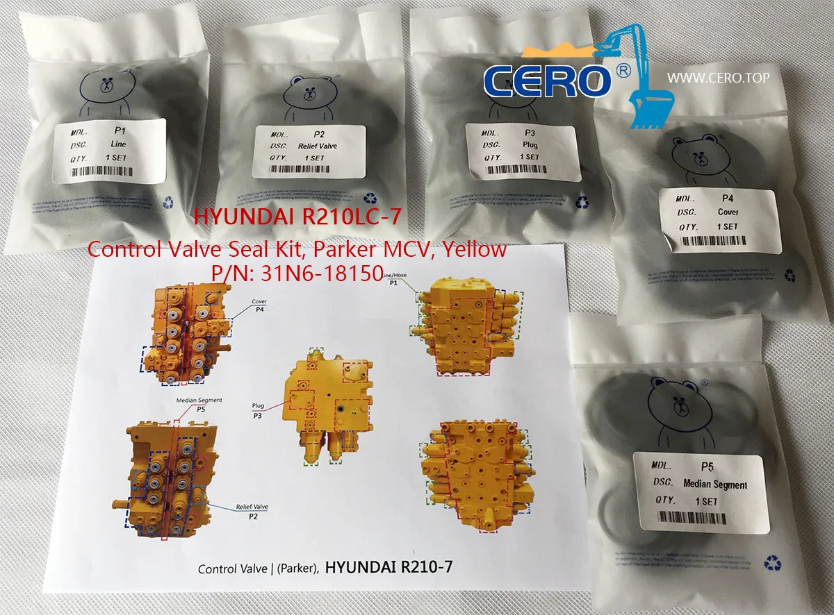 Hyundai R210LC-7 Control Valve Seal Kit 31N6-18150 Parker MCV 31N618150 Yellow Color R210-7 Main Valve