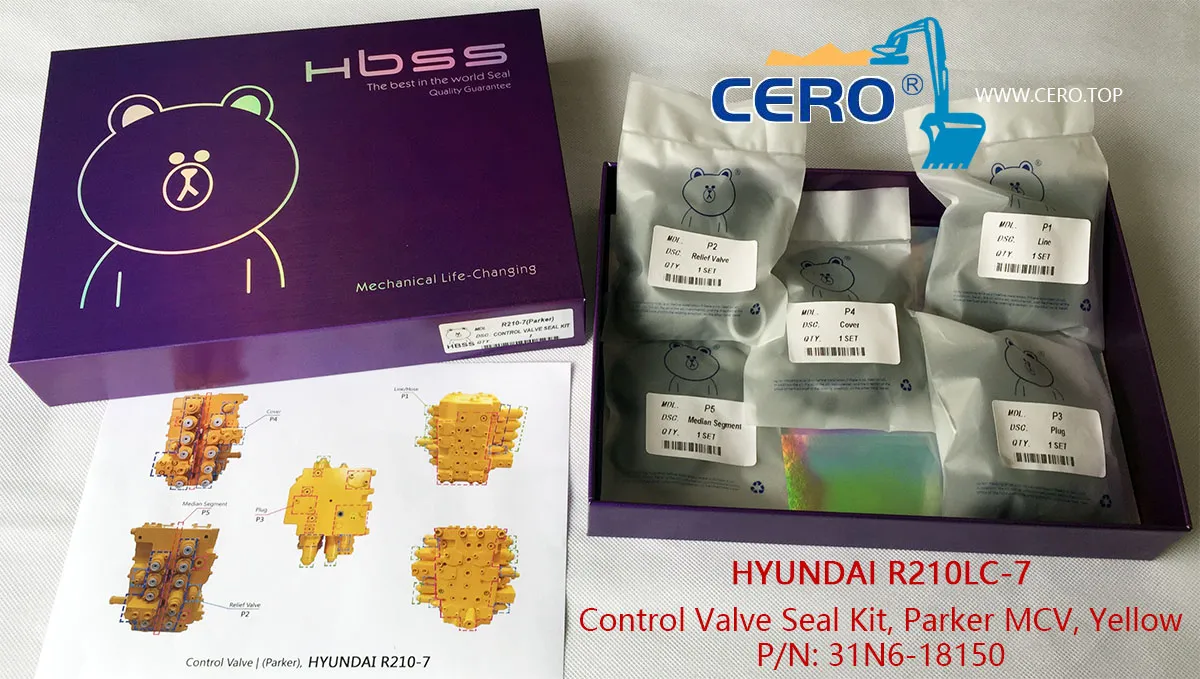 Hyundai R210LC-7 Control Valve Seal Kit 31N6-18150 Parker MCV 31N618150 Yellow Color R210-7 Main Valve