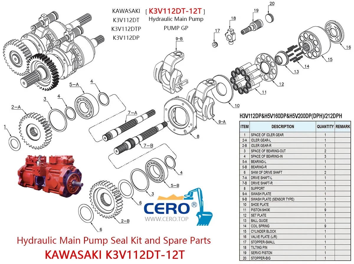 Kawasaki K3V112DT K3V112DTP K3V112DP K3V112 12T Hydraulic Main Pump Spare Parts