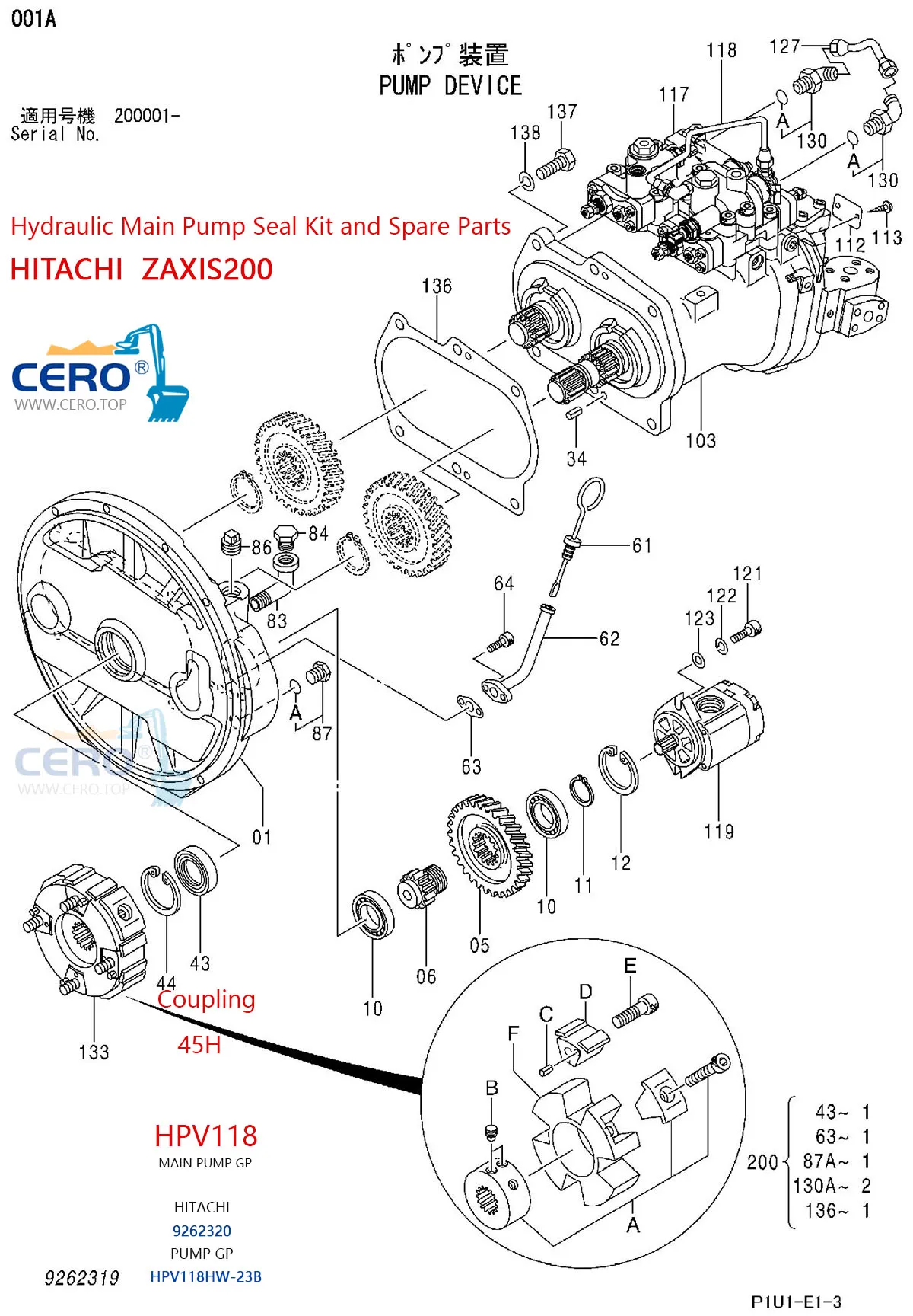 Hitachi Zaxis200 Hydraulic Main Pump Seal Kit zx200 HPV118 HPV118HW-23B 9262319 YB60000545 9262320 YB60000335 4723104 ZX200-3 ZX250-3 ZX240-3