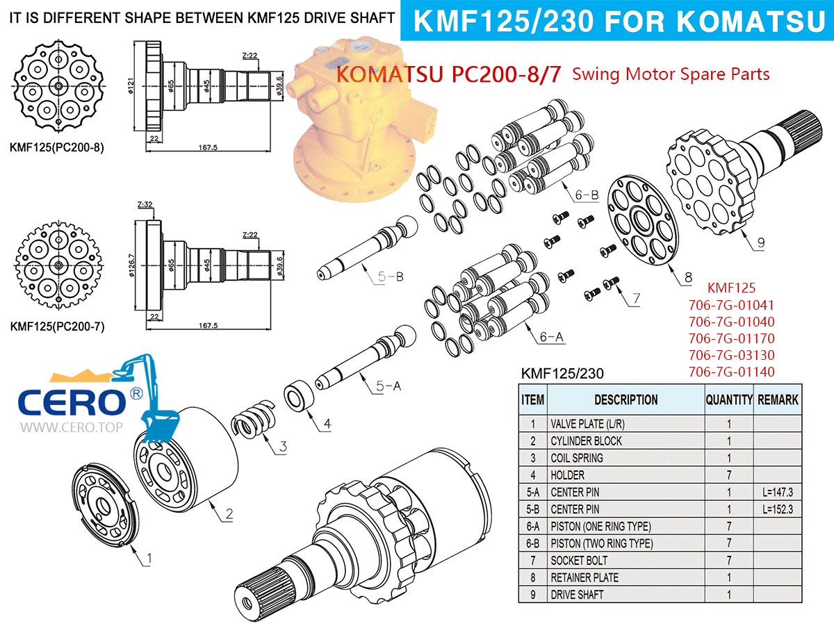 Komatsu PC200-8 Swing Motor Seal Kit 706-7G-01170 706-7G-03130