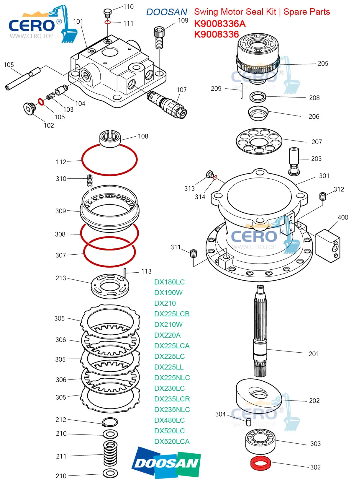 K9008336A K9008336 K9001903 Seal Kit Swing Motor Doosan DX210 DX225LCB DX230LC DX480LC DX520LC