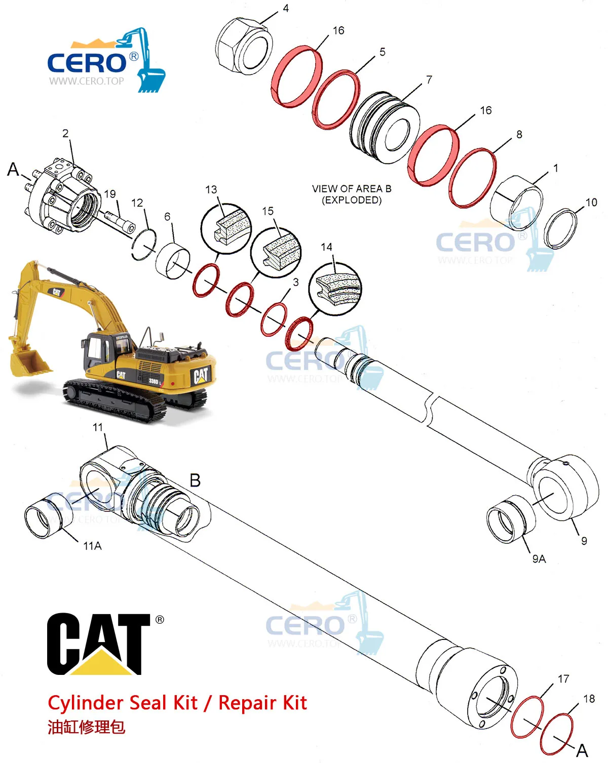 CAT 336D Boom Cylinder Seal Kit 242-6840 250-2475 259-0743 CAT 336DL E336D 311-9517 311-9524 311-9525 311-9526 311-9531