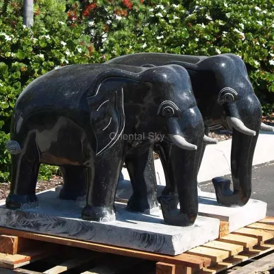 Black Granite Stone Elephant Statue Pair for Garden