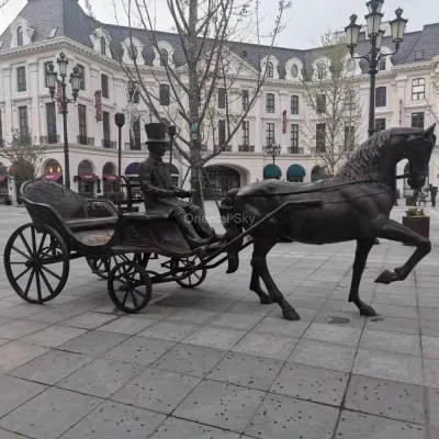 Outdoor Bronze Horse Carriage Statue Metal Park Sculpture