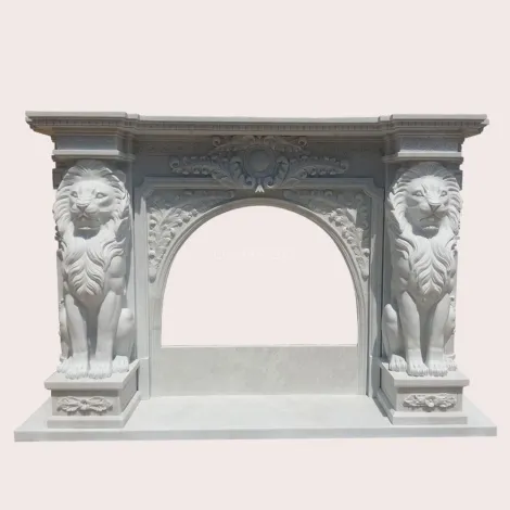 Белый мраморный камин со статуями львов