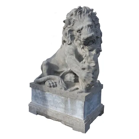 Coppia di statue di leone in pietra di marmo grigio a grandezza naturale