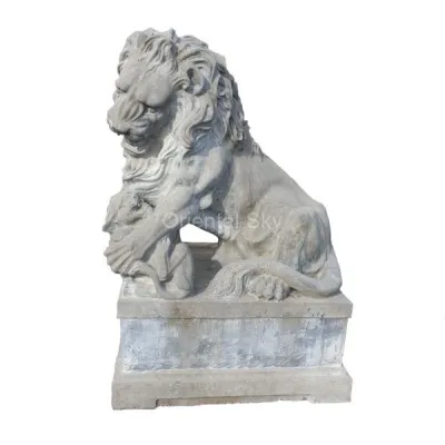 Par de estatuas de león de piedra de mármol gris de tamaño natural