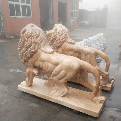 Escultura de par de estatua de león de piedra de mármol natural de tamaño natural