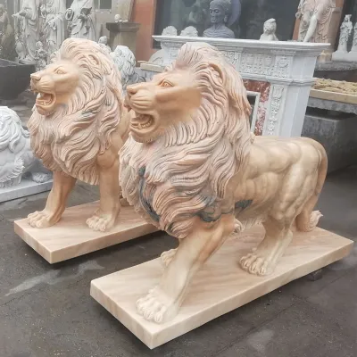 Escultura em par de estátua de leão em pedra natural em tamanho real