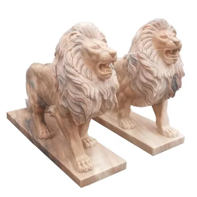Sculpture de paire de statue de lion en pierre de marbre naturel grandeur nature