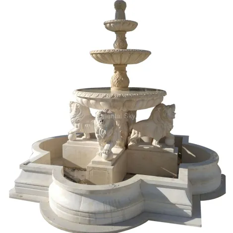 Fontana in pietra in marmo beige all'aperto con statue di leoni