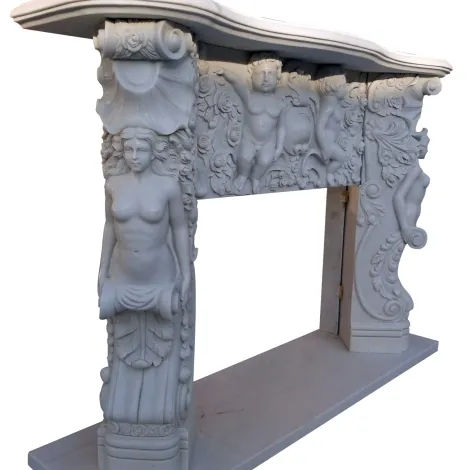 Grande mensola del camino in pietra di marmo bianco con statue di bambino e donna