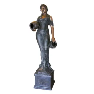 Bronze Woman with Jar Standing on Pedestal Statue Garden Fountain