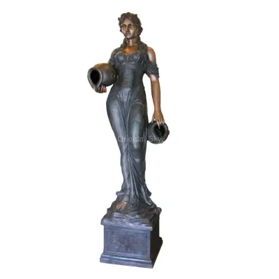 Бронзовая женщина с кувшином стоит на пьедестале статуи садового фонтана