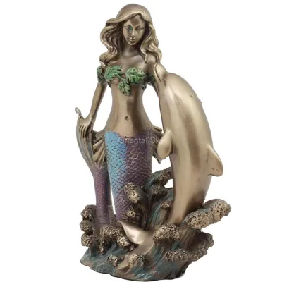 Estátua em tamanho real de bronze de sereia e golfinho escultura de jardim