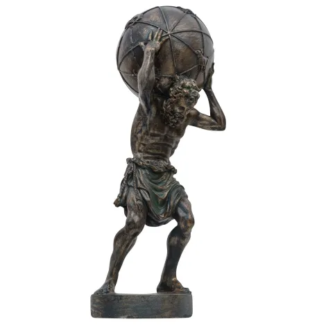 Atlante bronzeo a grandezza naturale che trasporta la scultura dell'uomo del titano del metallo della statua del globo