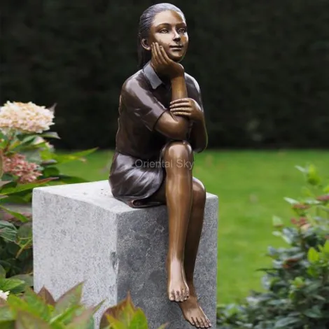 Bronze Fille Pensant Statue Métal Jardin Enfants Sculpture
