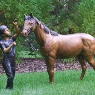 Bronze Girl And Foal Garden Statue Life Size Horse Garden Sculpture