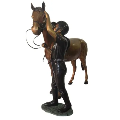 Estátua de bronze de menina e jardim de potro em tamanho real Escultura de jardim de cavalos