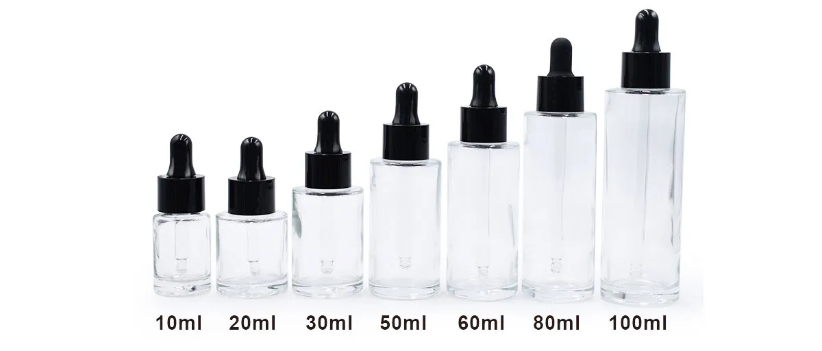 High Quality Clear Glass Bottles with Dropper Cap Flat Shoulder Bottles