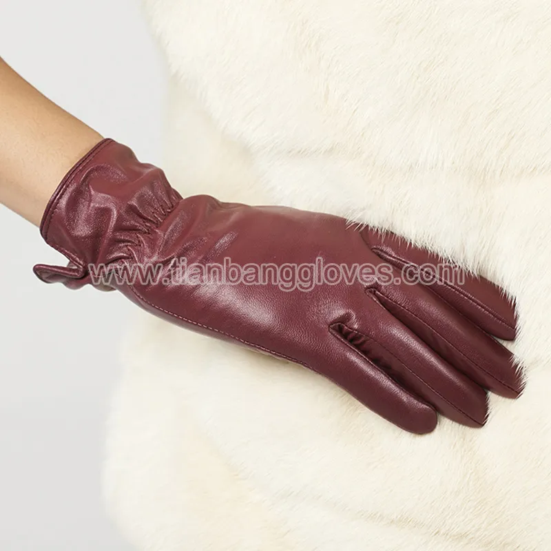 brown leather gloves with elastic for women