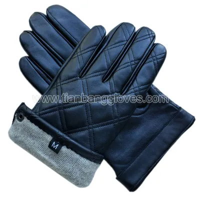Real leather thick winter gloves for men with chequered style
