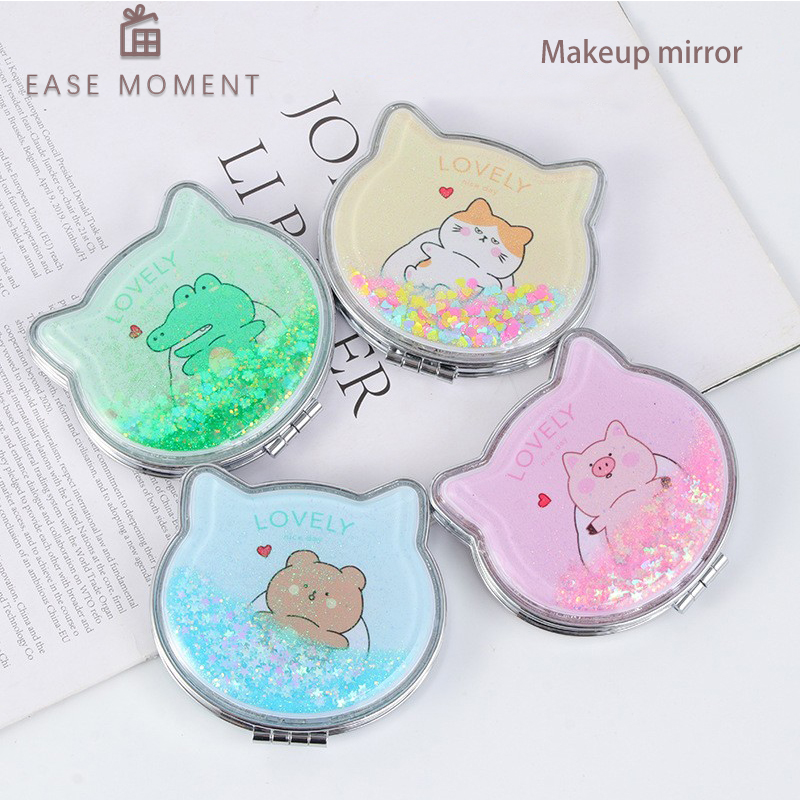 Cat-shaped double-sided folding quicksand makeup mirror