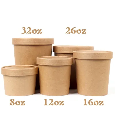 8oz-32oz Disposable Kraft Soup Cup Soup Bowl with Paper Lid