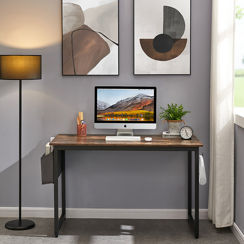 Study Computer Desk Home Office Writing Small Desk, Modern Simple Style PC Table, Black Metal Frame, Rustic Brown