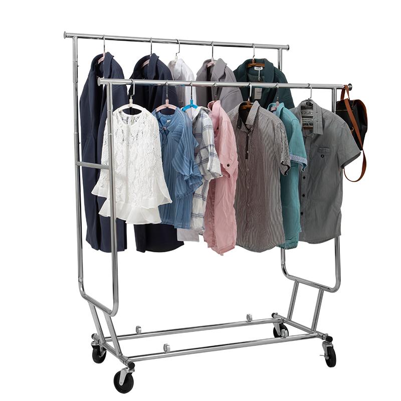 Double Clothing Garment Rack with Shelves Capacity 400 lbs Clothing Racks on Wheels Rolling Clothes Rack for Hanging Clothes Heavy Duty Portable Collapsible Commercial Garment Rack Chrome