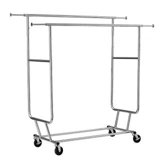 Double Clothing Garment Rack with Shelves Capacity 400 lbs Clothing Racks on Wheels Rolling Clothes Rack for Hanging Clothes Heavy Duty Portable Collapsible Commercial Garment Rack Chrome