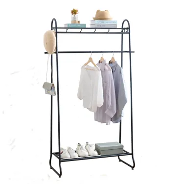 GMJ Metal Garment Rack Free-Standing Closet Organzier Heavy Duty Clothes Rack with 4 Side Hooks and Storage Shelvels