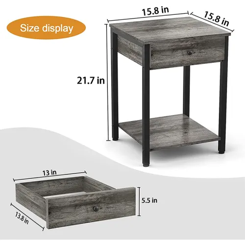 Industrial End Table Side Table with Drawer and Storage Shelf