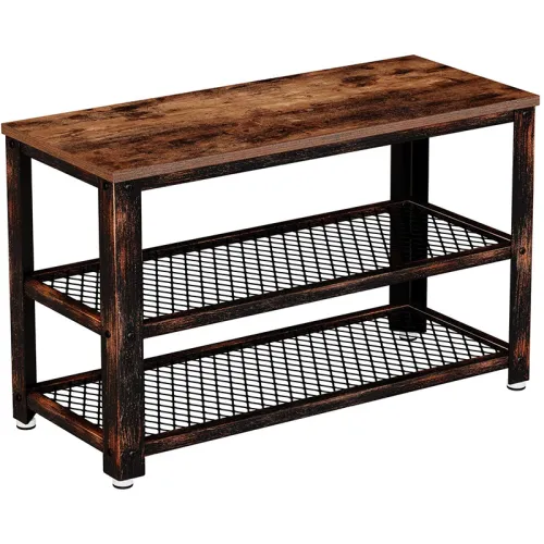 Shoe Bench,  Storage Entry Bench with Mesh Shelves Wood Seat