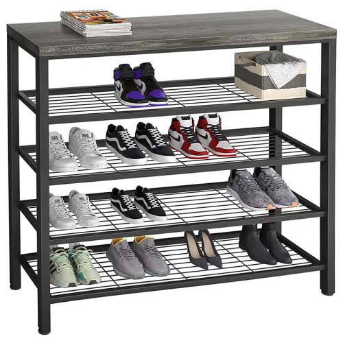 Large 5-Tier Metal Shoe Rack Shelves with Wood Board