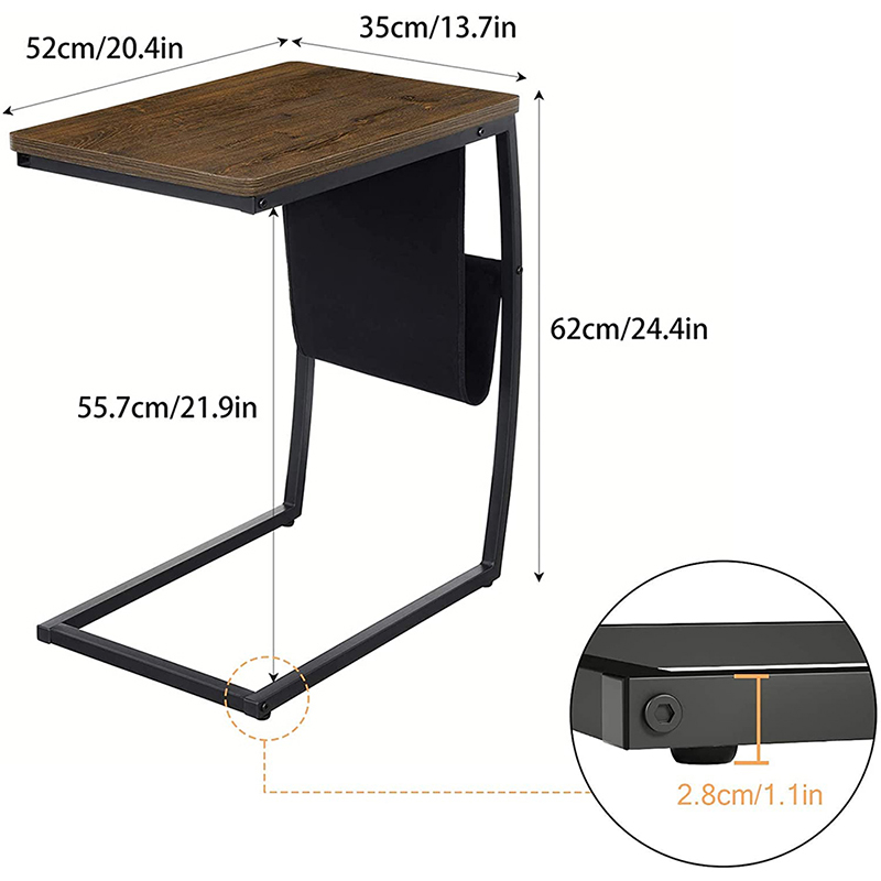 Vintage C Shaped Couch Table with Side Pocket for Sofa Laptop Coffee Snack