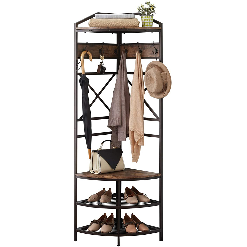 Entryway Coat Rack with 6 Double Hooks, Retro Brown