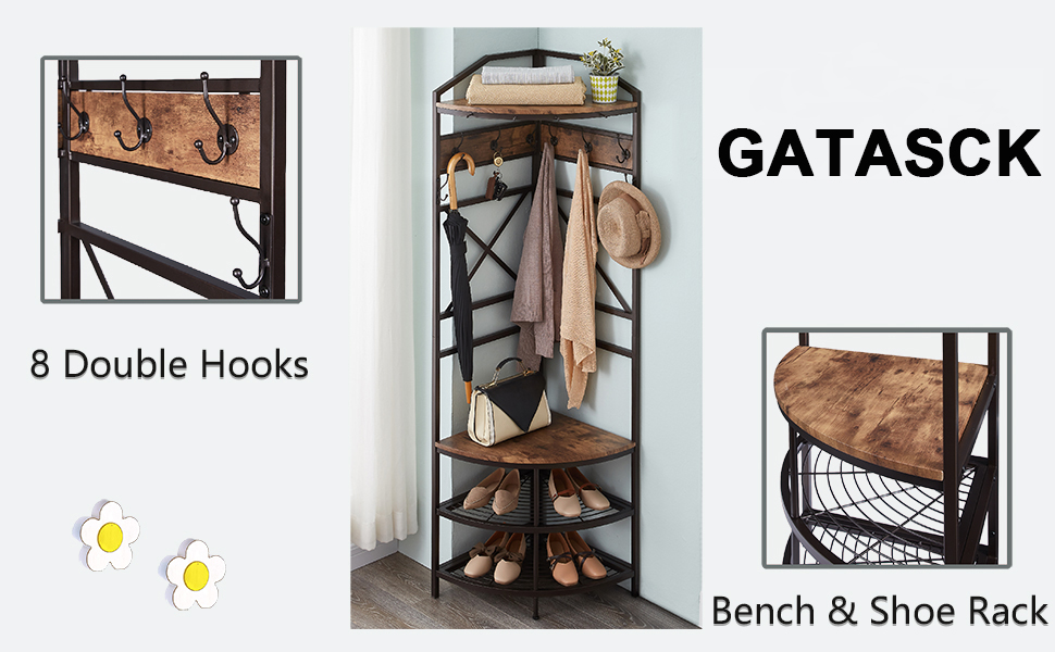 Entryway Coat Rack with 6 Double Hooks, Retro Brown