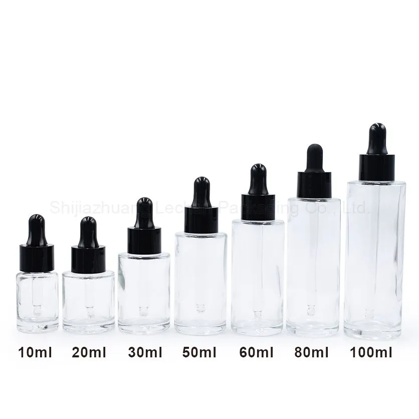 Clear Glass Flat Shoulder Bottles with Dropper Cap