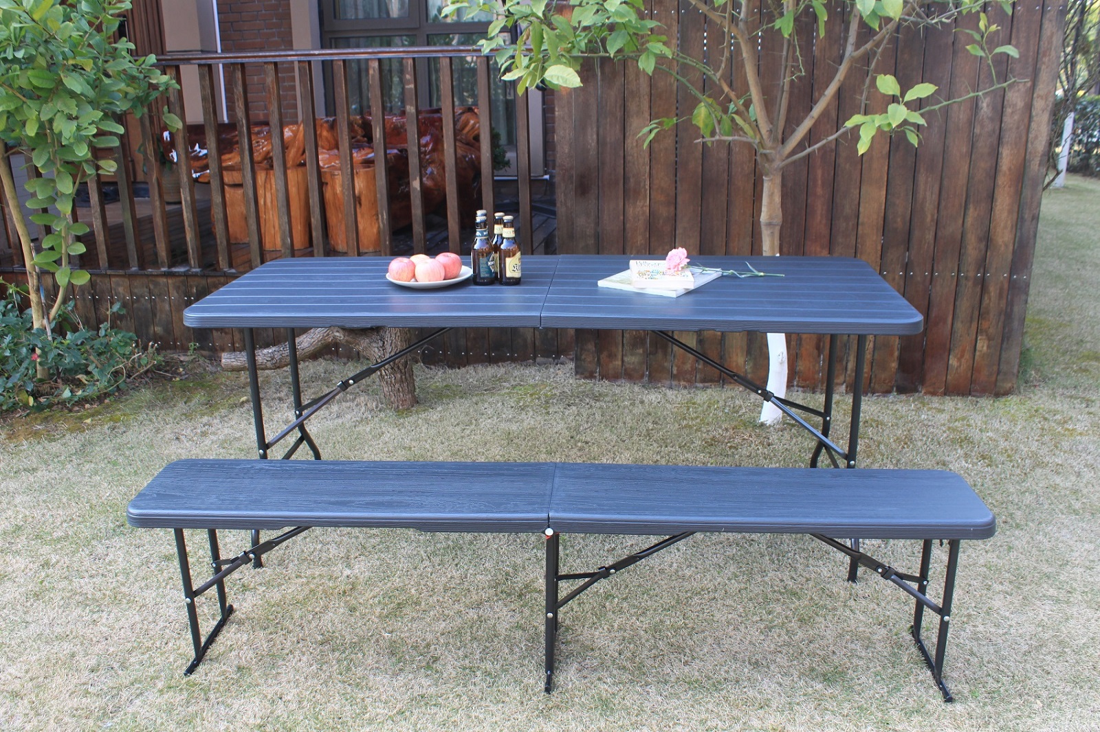 HDPE PLASTIC TABLE WITH WOODEN GRAIN SURFACE 180CM LONG OUTDOOR AND