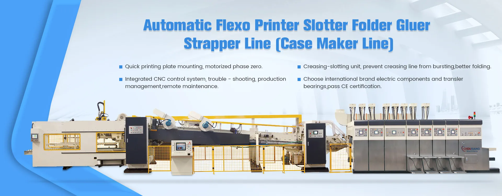 Impresora flexográfica automática, ranuradora, plegadora, encoladora, flejadora, línea [Case Maker Line]