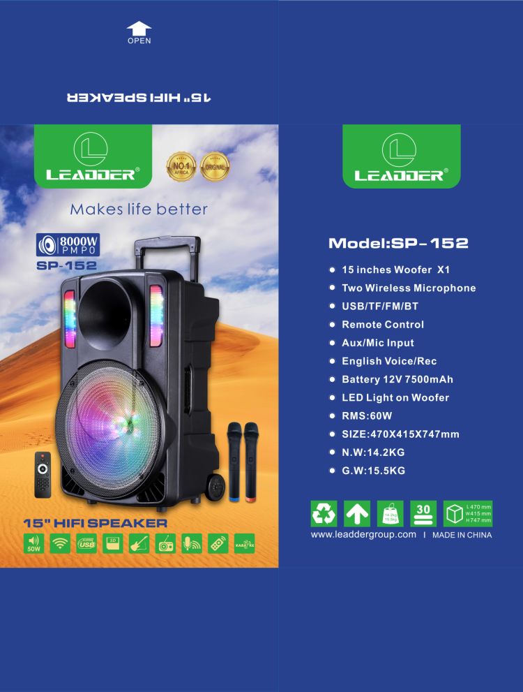 15 Inch HIFI SPEAKER/ LED Light/BLUETOOTH/USB/SD/FM/MIC*2/TWS/AUX IN/ GITAR/ Side handle/ cardan wheel /SP-152