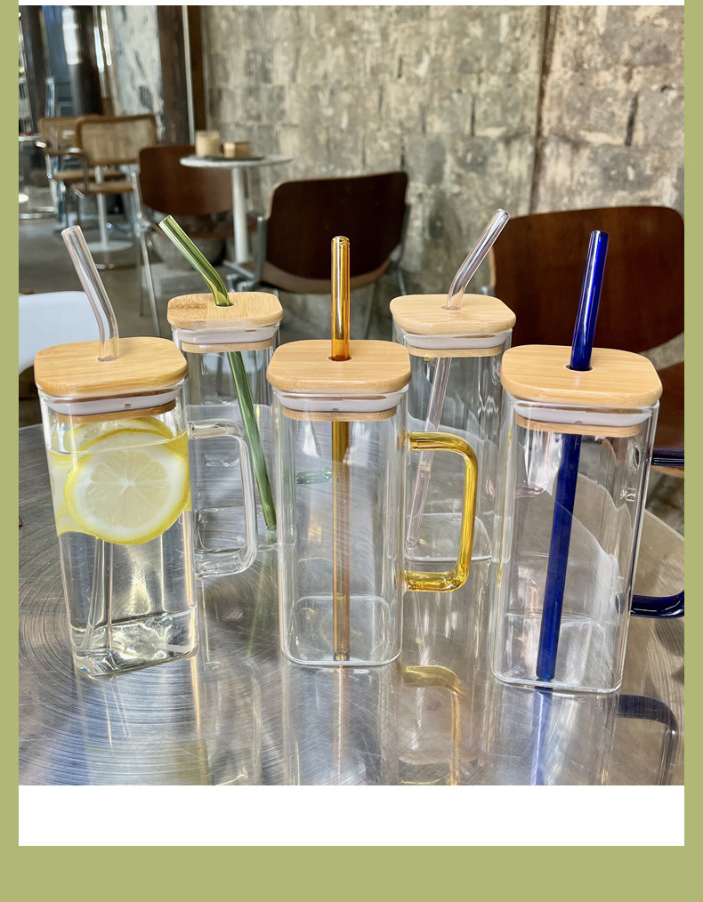 Square Glass Cups With Lids & Straws 4-Pack - Borosilicate Drinking Glasses For Iced Coffee & Cocktails
