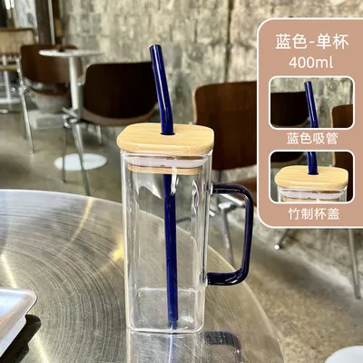 400ML Square Mug With Lids and Straws Single Colored Handle Layer Drinking Glass  Cups For Soda Iced Coffee Mil