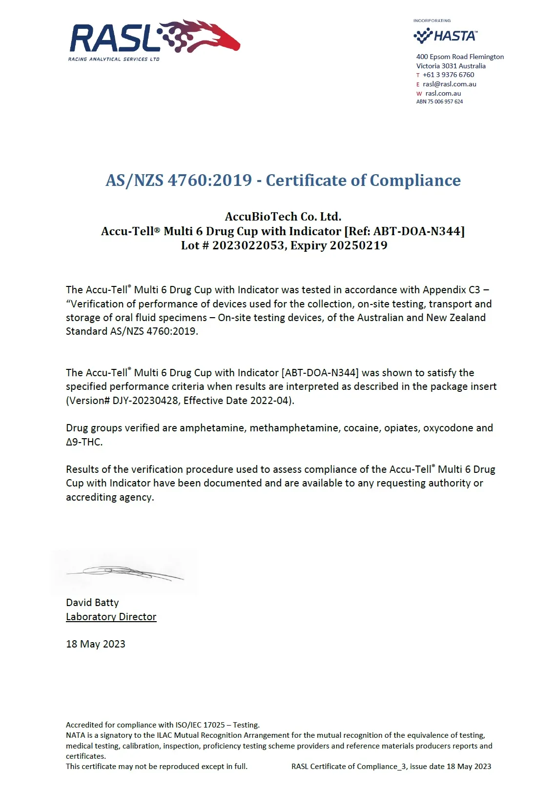 Accu-Tell® Multi-6/8 Drug Cup for Saliva Samples verified and comply with AS/NZS 4760:2019